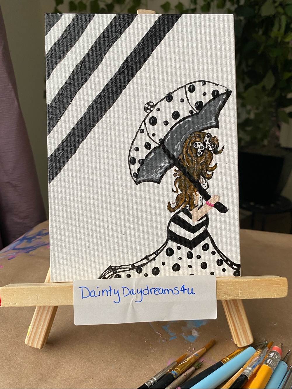 Dainty Drizzles Black & White Polka Dot Chic Lady with umbrella Canvas Art
